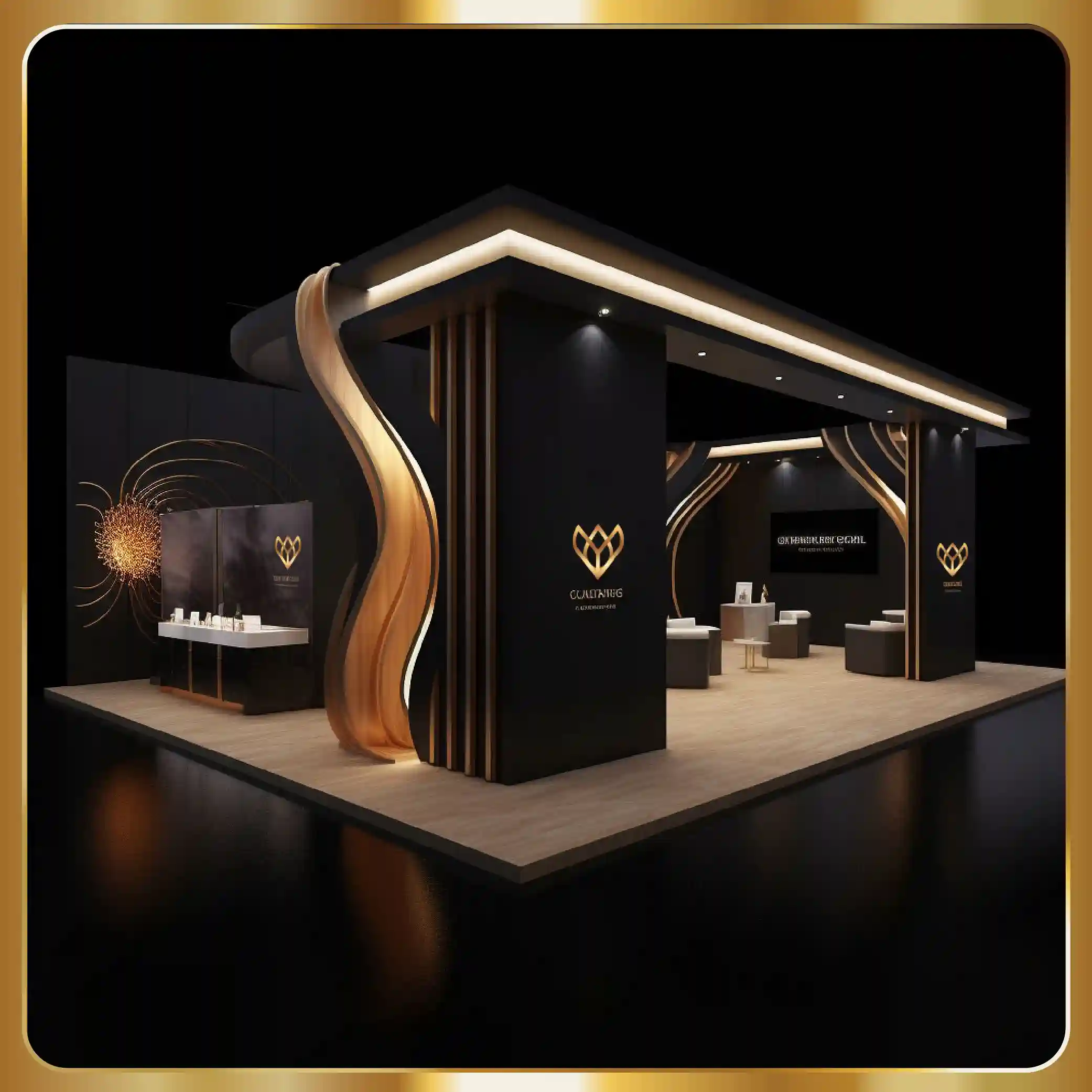 Futuristic exhibition space with white and blue lighting.  